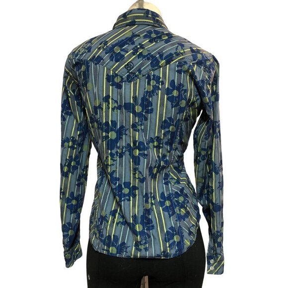 Patagonia Blue & Yellow Flowers Pattern Pearl Snaps Long Sleeve Shirt Size Med - Picture 2 of 8